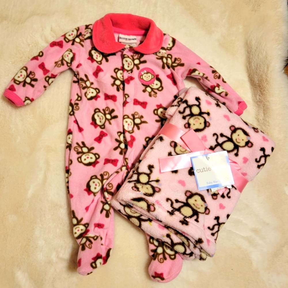 Baby Girl Pink Monkey Fleece Sleeper & Blanket